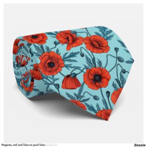 Poppies, red and blue on pool blue neck tie