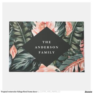 Tropical watercolor foliage floral home decor doormat