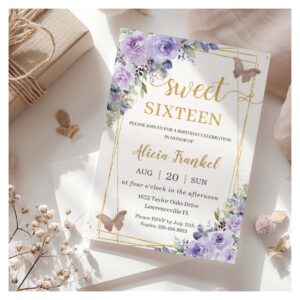 Sweet 16 Sixteen Purple Lilac Floral Butterflies Invitation
