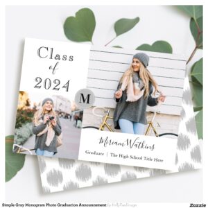 Simple Gray Monogram Photo Graduation Announcement