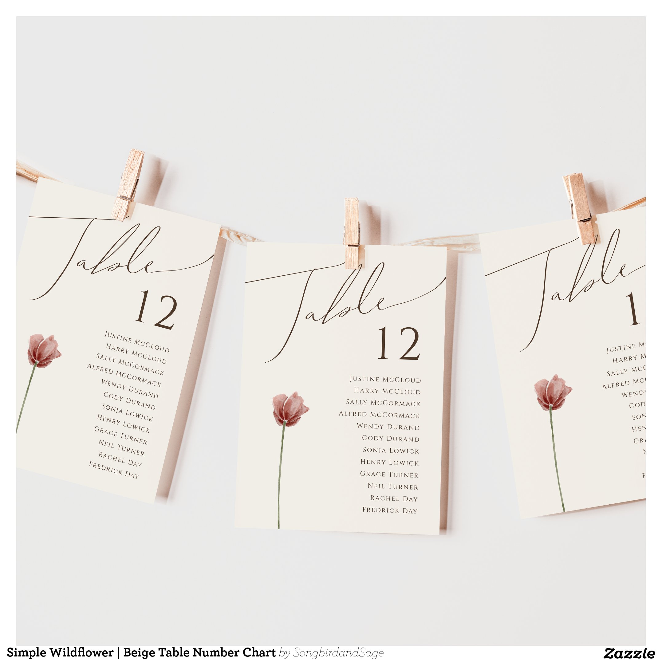 Simple Wildflower Beige Table Number Chart