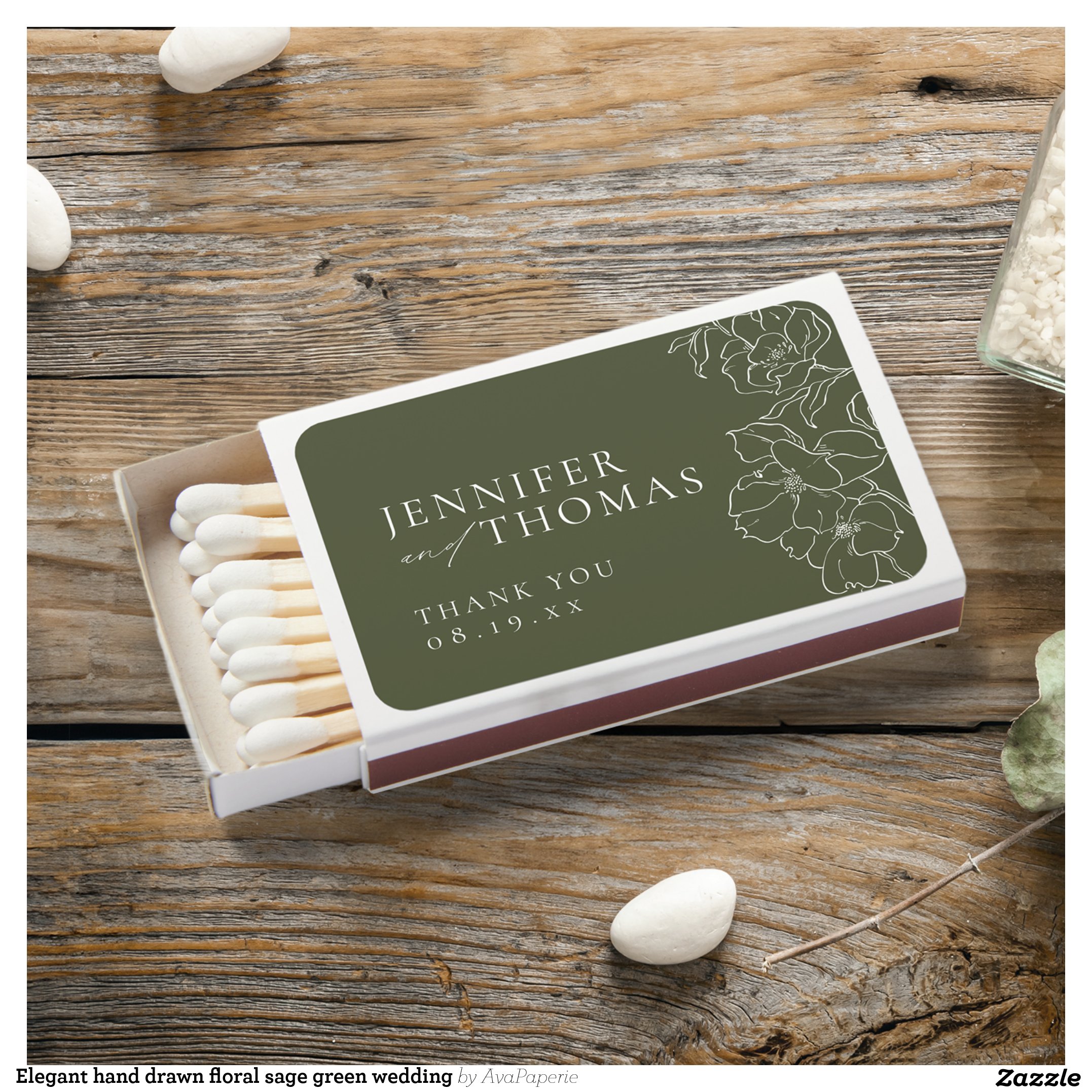 Elegant hand drawn floral sage green wedding Matchboxes