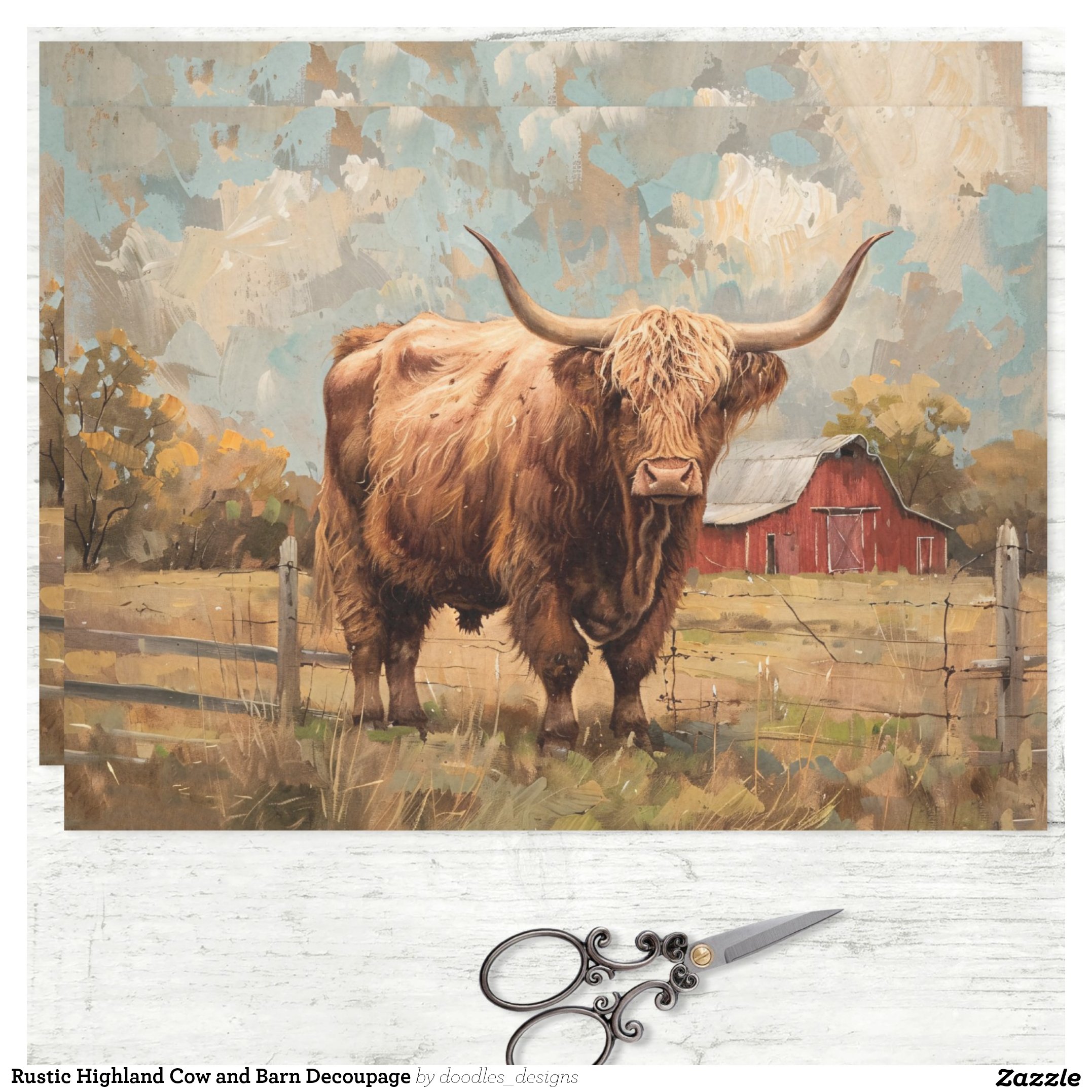 Rustic Highland Cow and Barn Decoupage Tissue Paper