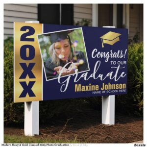 Modern Navy & Gold Class of 2025 Photo Graduation Sign