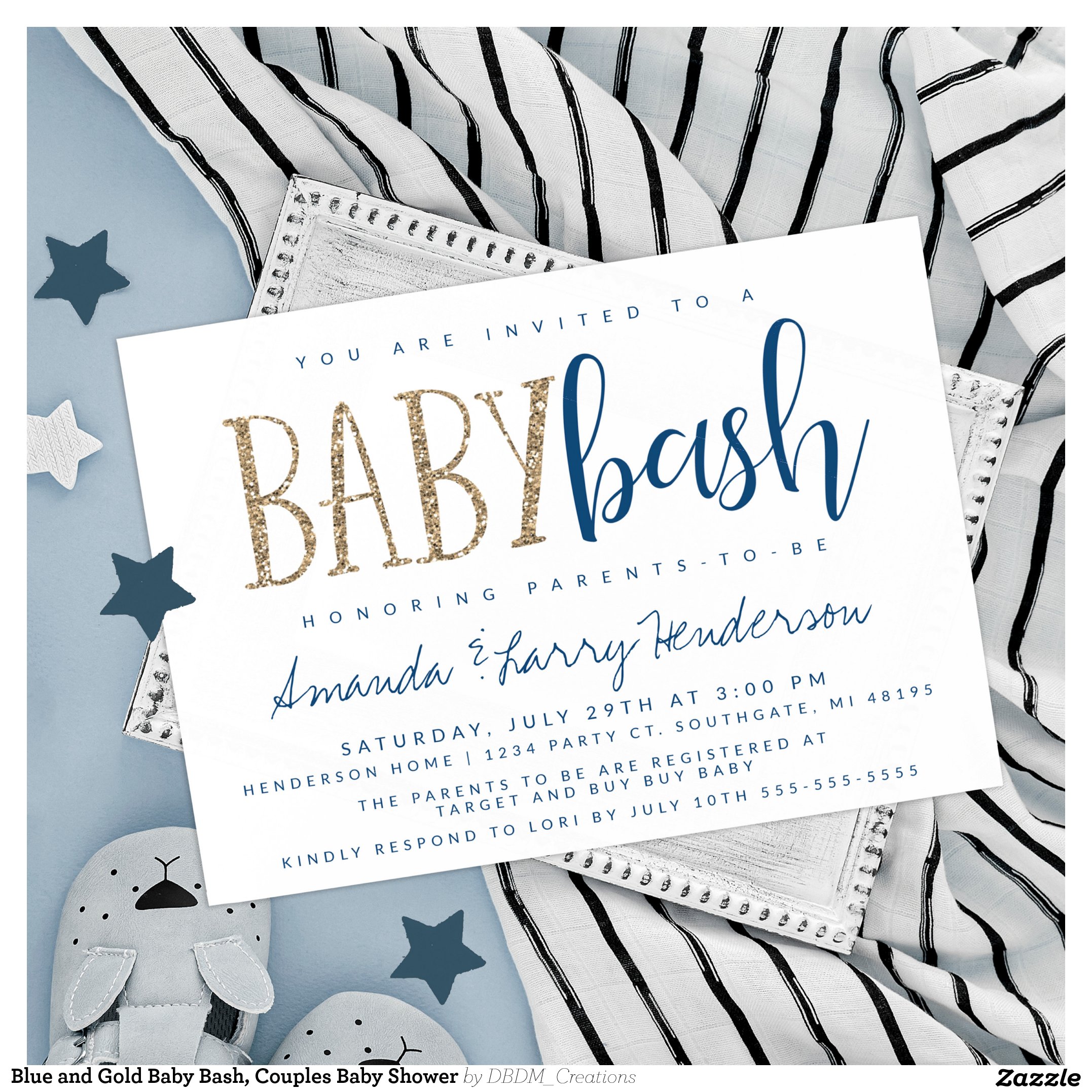 Blue and Gold Baby Bash, Couples Baby Shower Invitation
