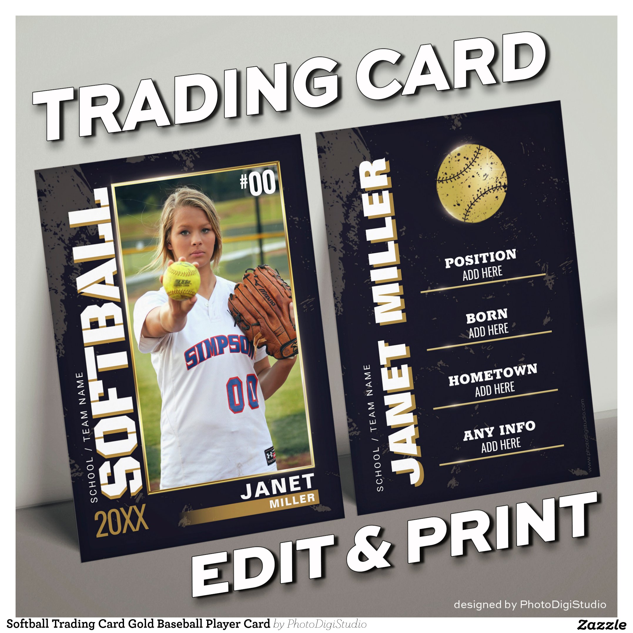 Softball Trading Card Gold Baseball Player Card