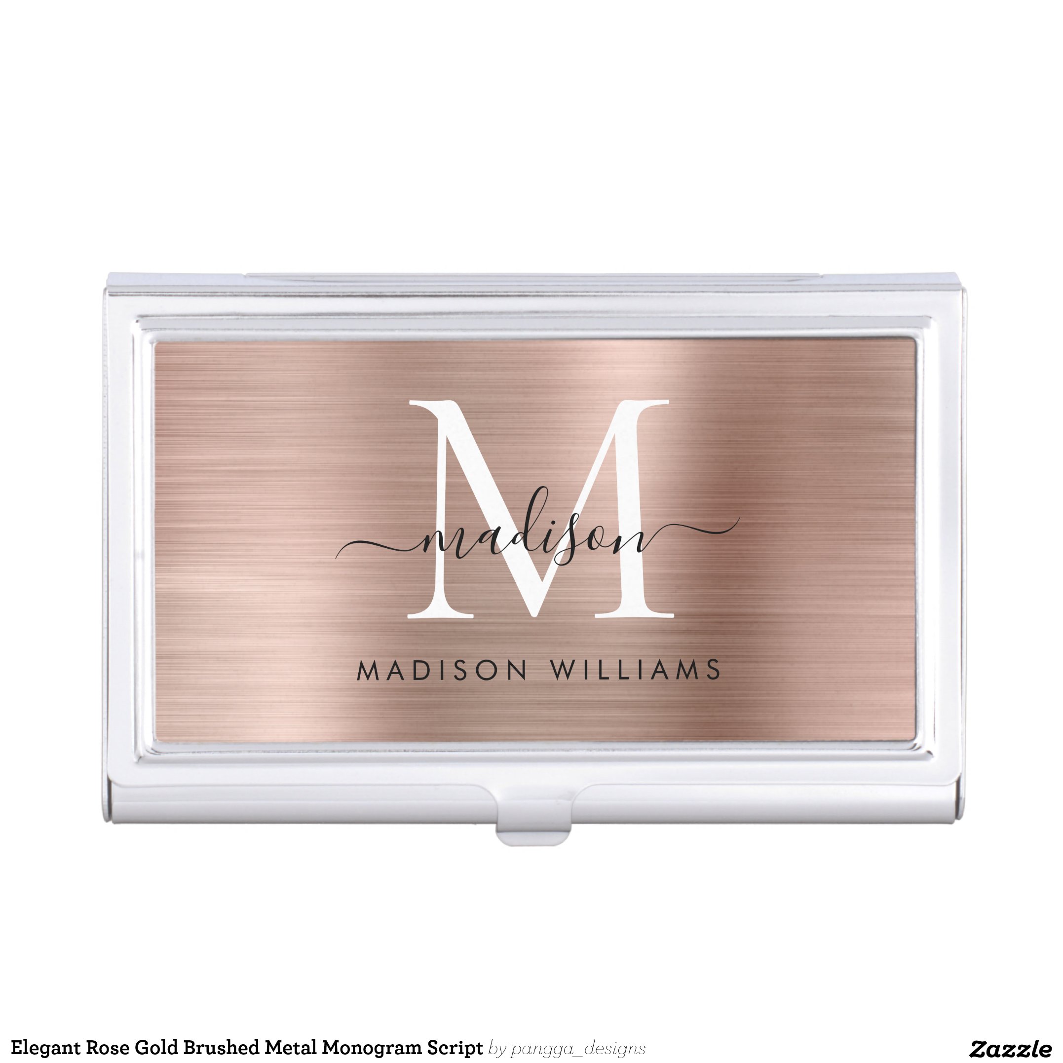 Elegant Rose Gold Brushed Metal Monogram Script Business Card Case