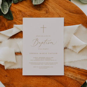Delicate Gold Calligraphy Cream Cross Baptism Invitation