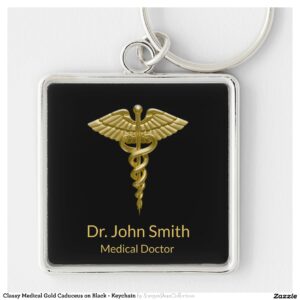 Classy Medical Gold Caduceus on Black - Keychain