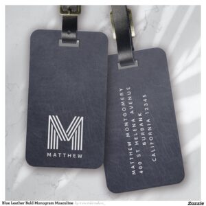 Blue Leather Bold Monogram Masculine Luggage Tag