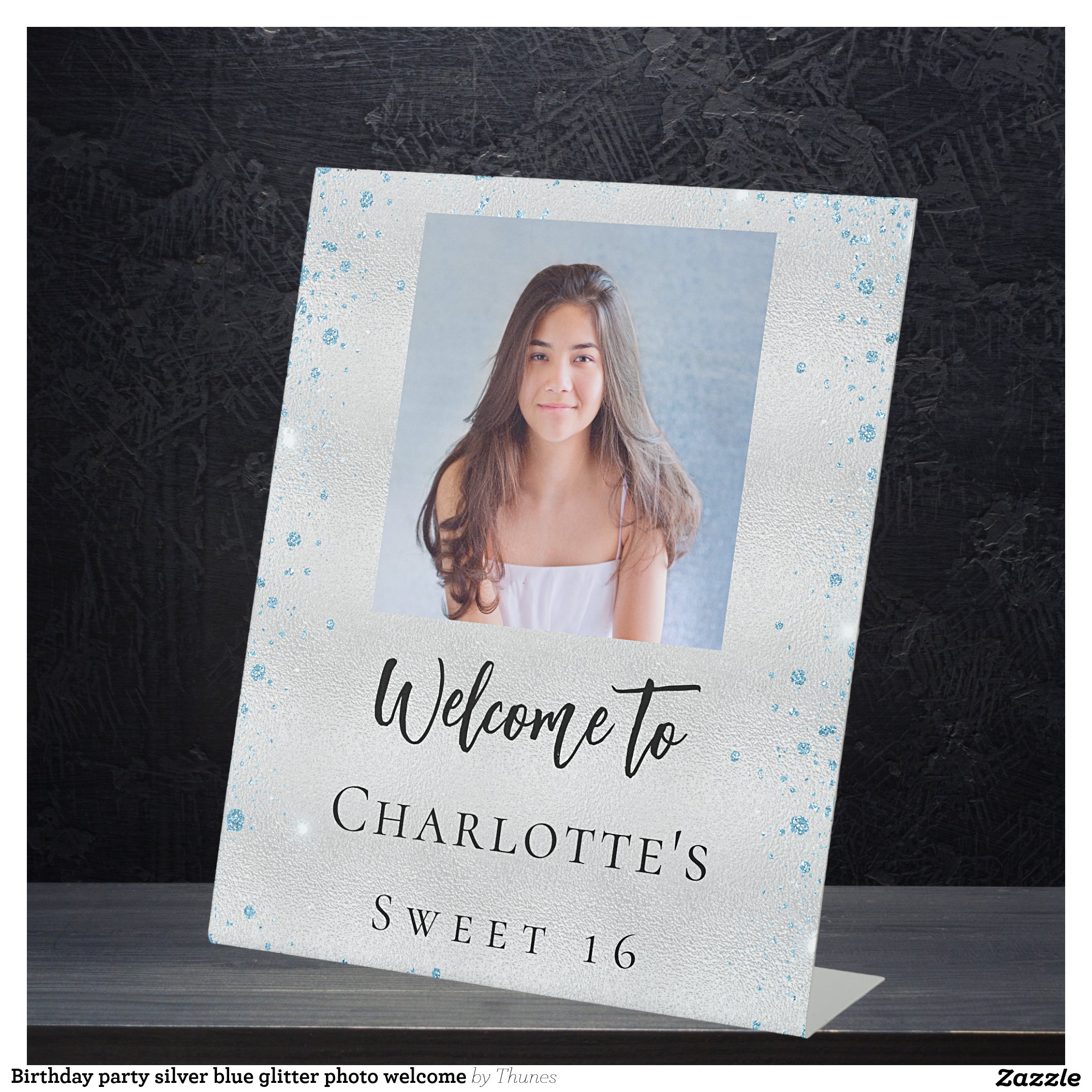 Birthday party silver blue glitter photo welcome pedestal sign