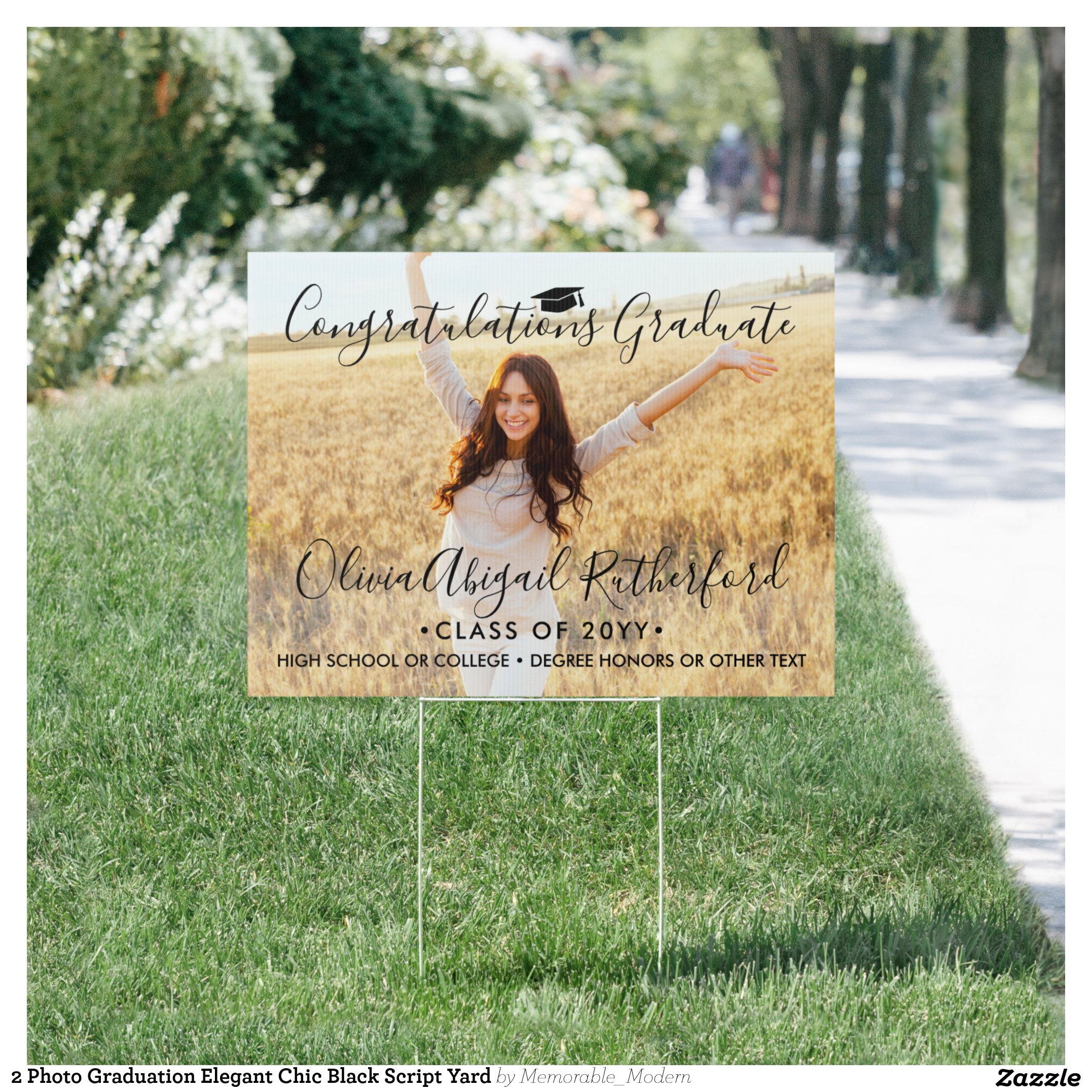 2 Photo Graduation Elegant Chic Black Script Yard Sign