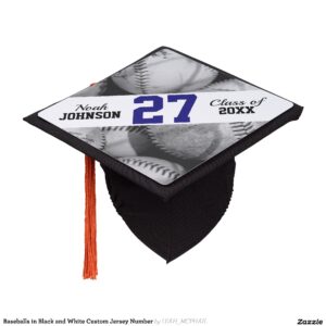 Baseballs in Black and White Custom Jersey Number Graduation Cap Topper