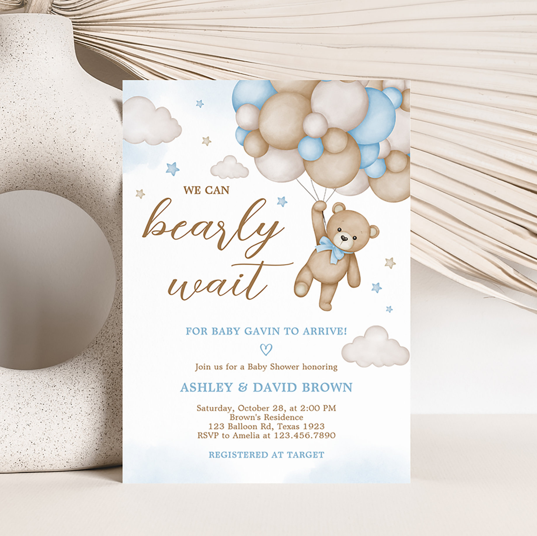 Blue Bear Balloons Baby Shower Invitation