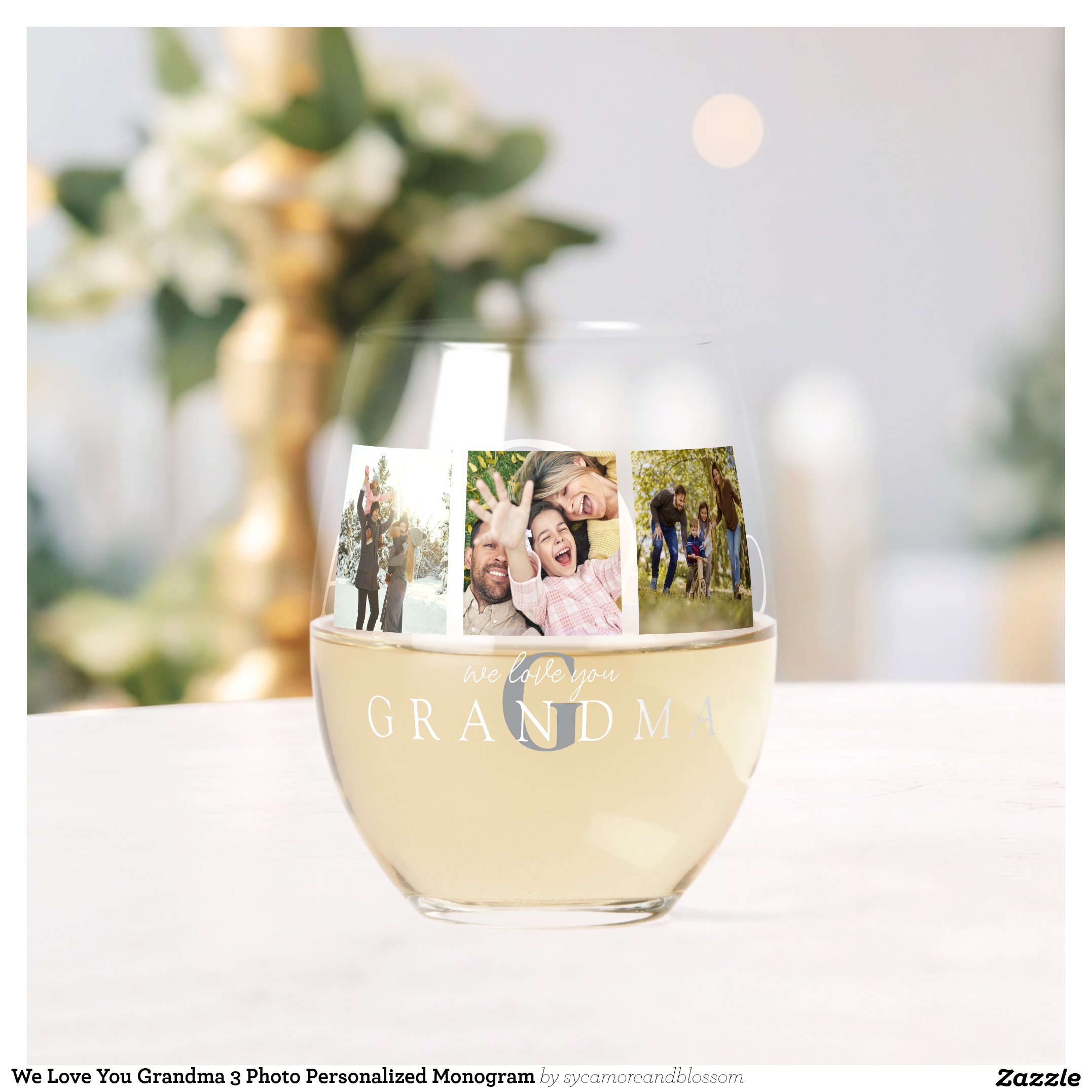 We Love You Grandma 3 Photo Personalized Monogram Stemless Wine Glass