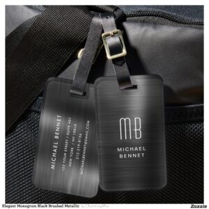 Elegant Monogram Black Brushed Metallic Luggage Tag