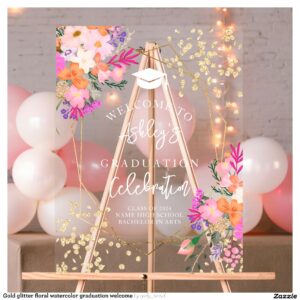 Gold glitter floral watercolor graduation welcome acrylic sign