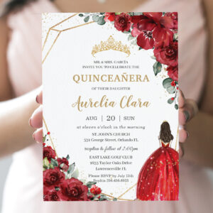 Chic Quincea?era Red Roses Flowers Floral Princess Invitation