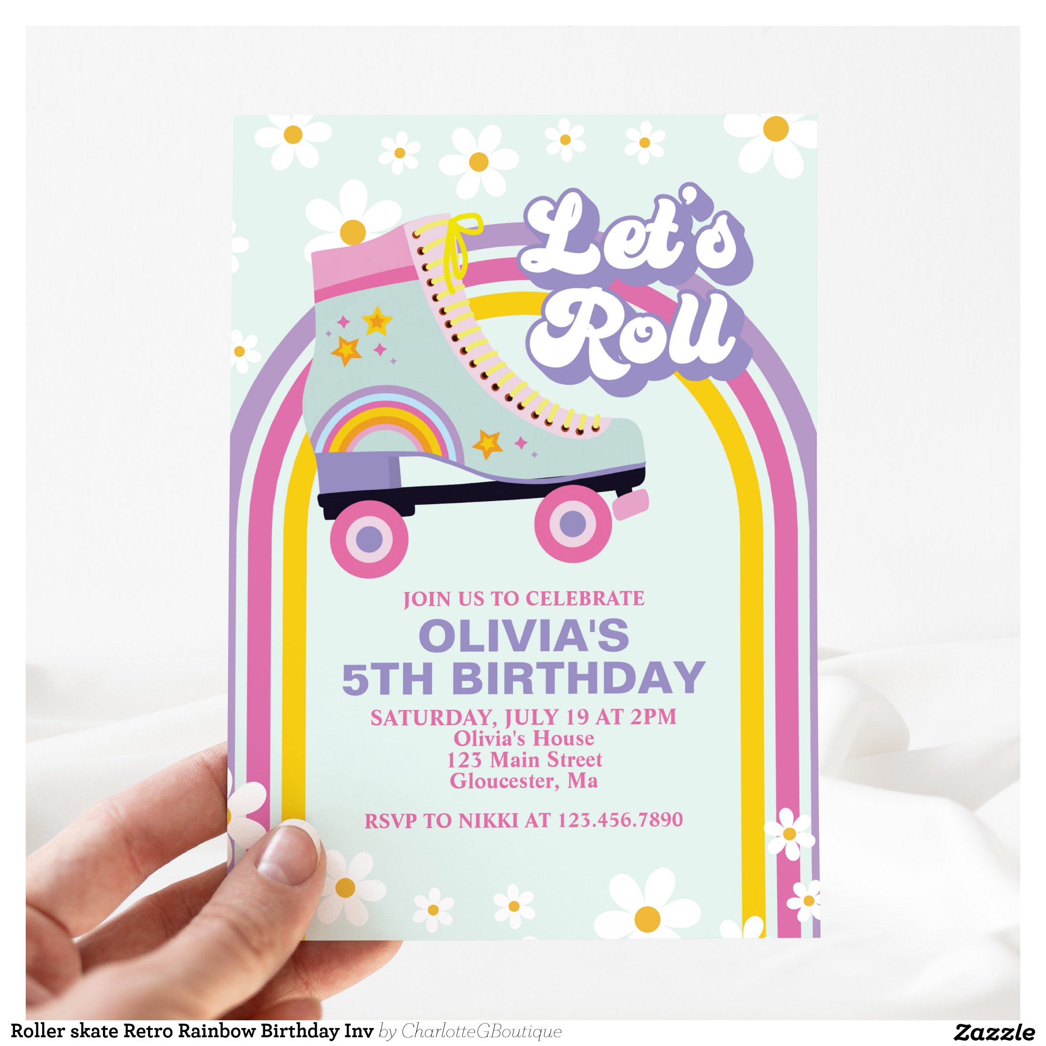 Roller skate Retro Rainbow Birthday Inv Invitation