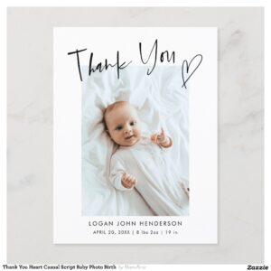 Thank You Heart Casual Script Baby Photo Birth Announcement Postcard