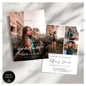 Modern Graduate White Script 4 Photos Graduation Invitation
