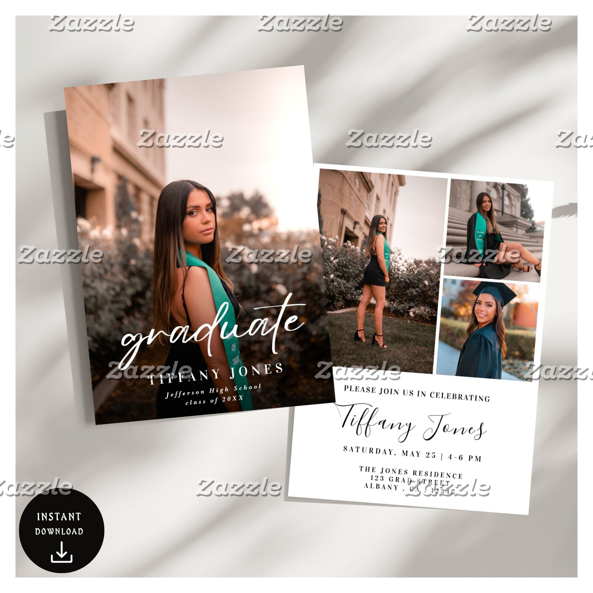 Modern Graduate White Script 4 Photos Graduation Invitation