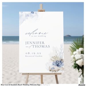 Blue Coral & Seashells Beach Wedding Welcome Sign