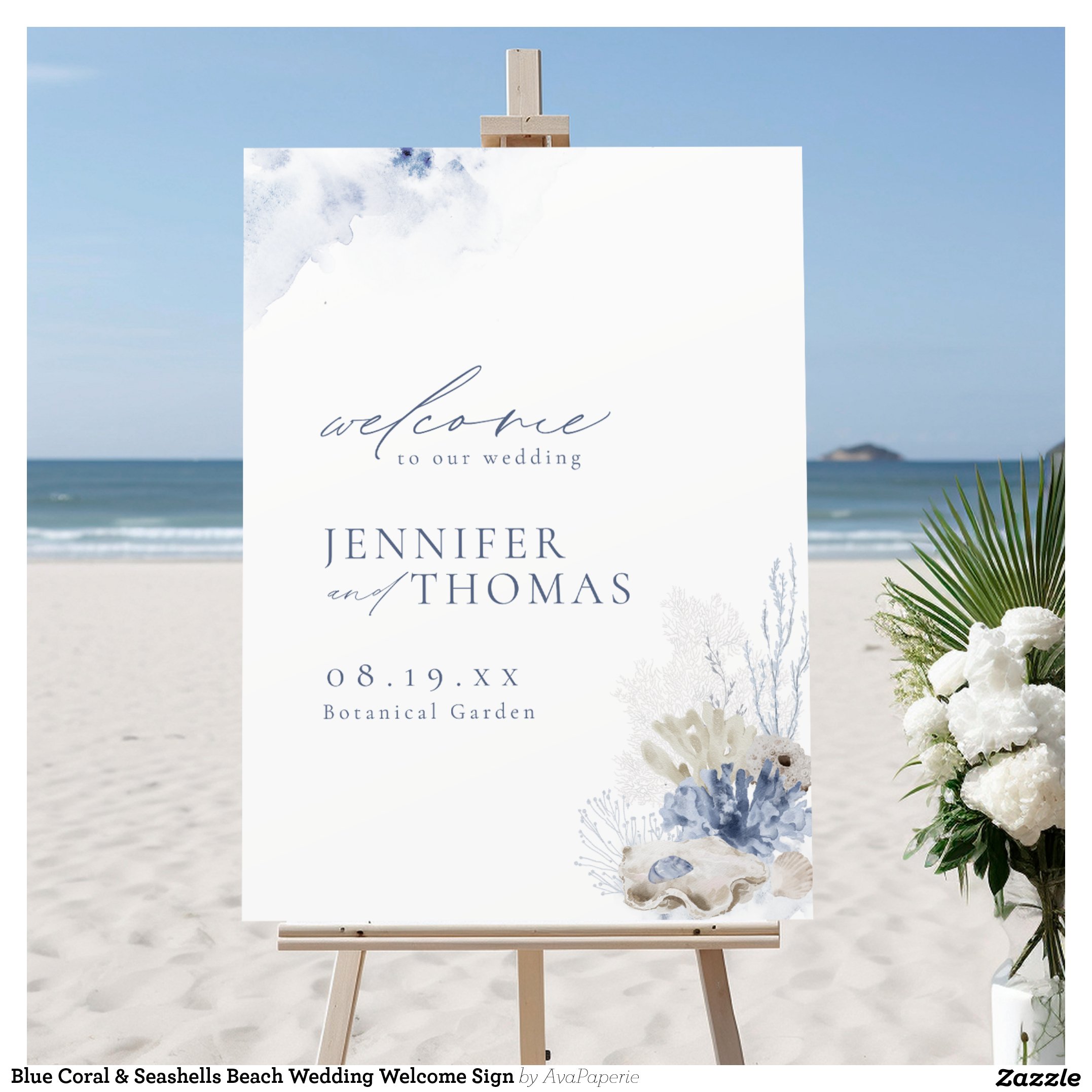 Blue Coral & Seashells Beach Wedding Welcome Sign