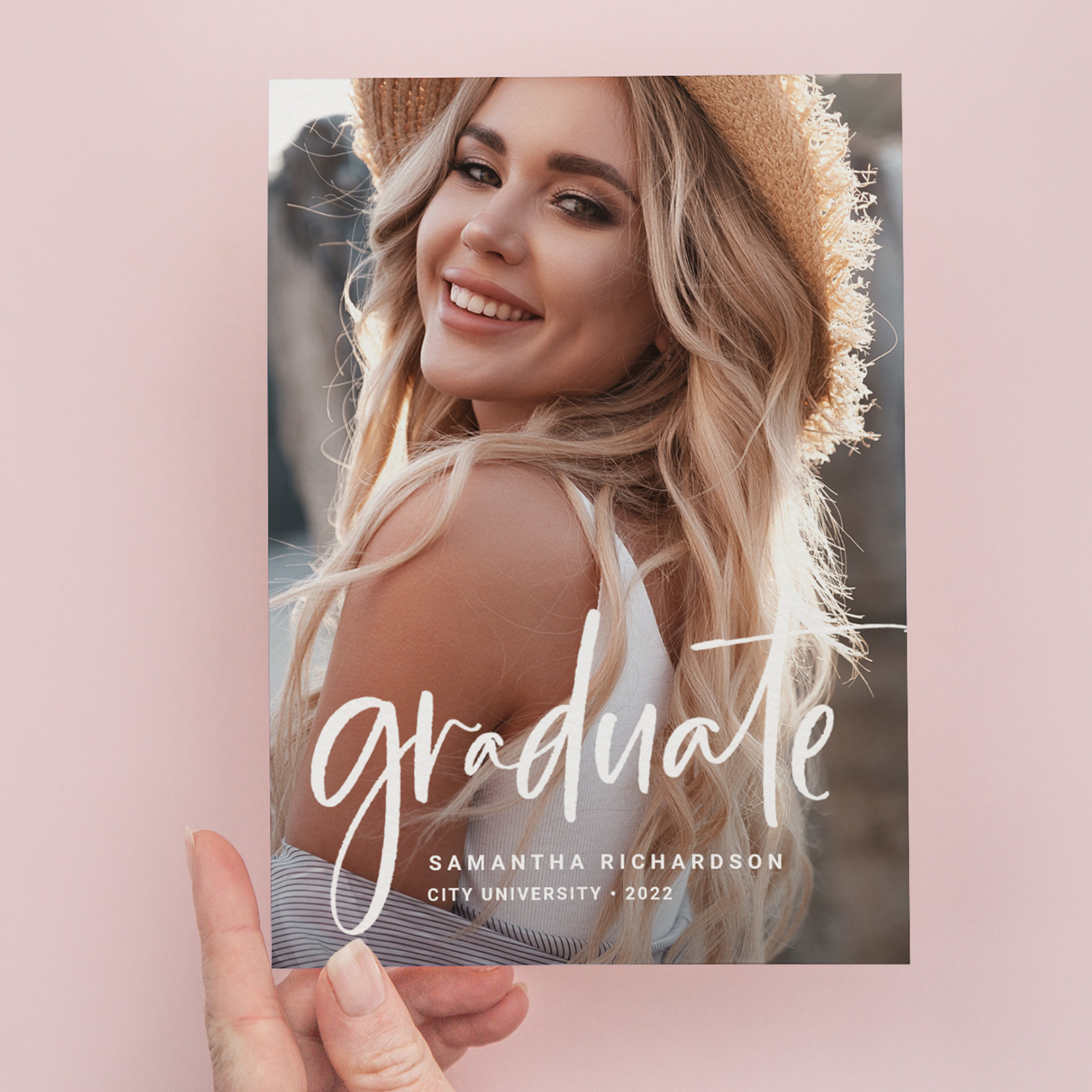 Casual Script White Two Photo Graduation Party Invitation Postcard