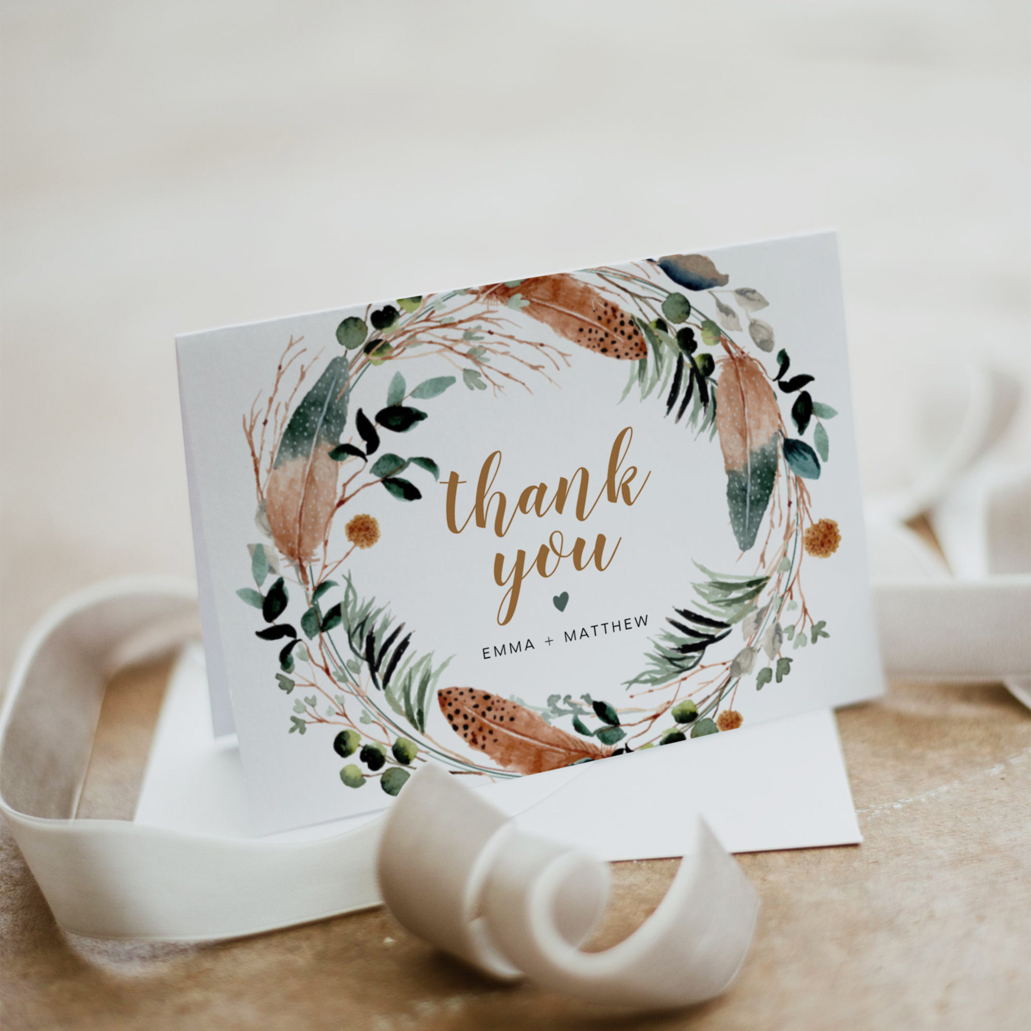 ARBOR Bohemian Feather Greenery Wreath Boho Thank You Card