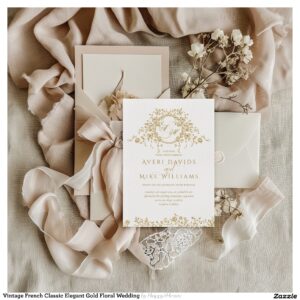 Vintage French Classic Elegant Gold Floral Wedding Invitation