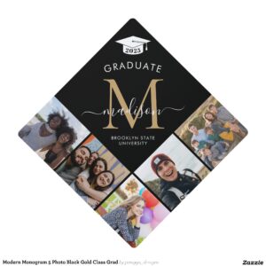 Modern Monogram 5 Photo Black Gold Class Grad Graduation Cap Topper