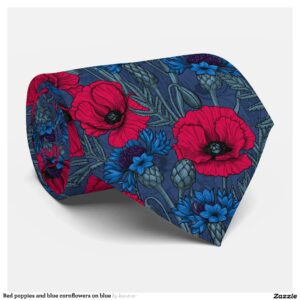 Red poppies and blue cornflowers on blue neck tie