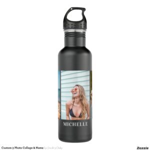 Custom 3 Photo Collage & Name Stainless Steel Water Bottle
