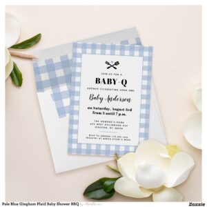 Pale Blue Gingham Plaid Baby Shower BBQ Invitation
