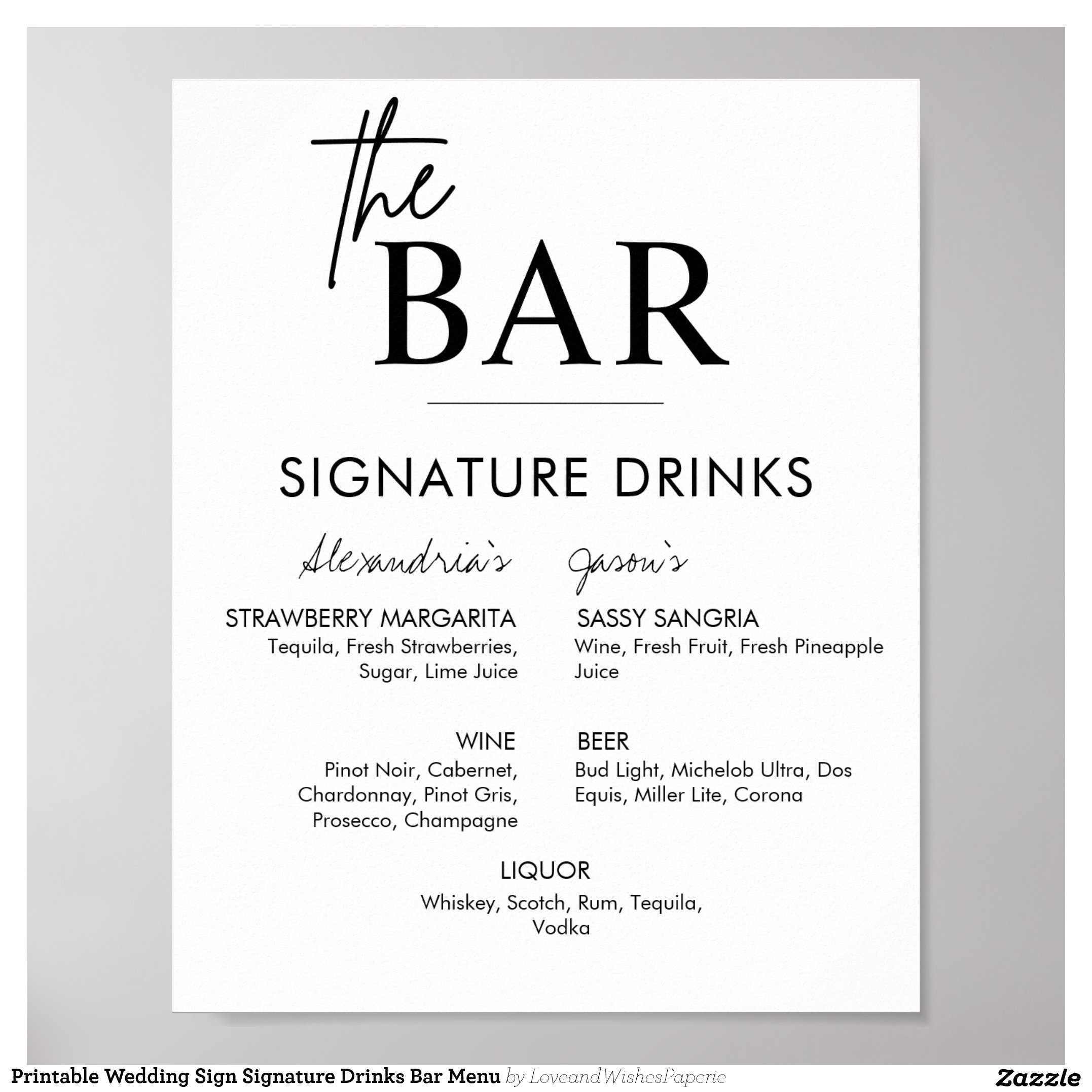 Printable Wedding Sign Signature Drinks Bar Menu