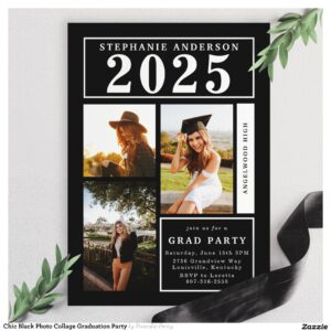 Chic Black Photo Collage Graduation Party Invitation
