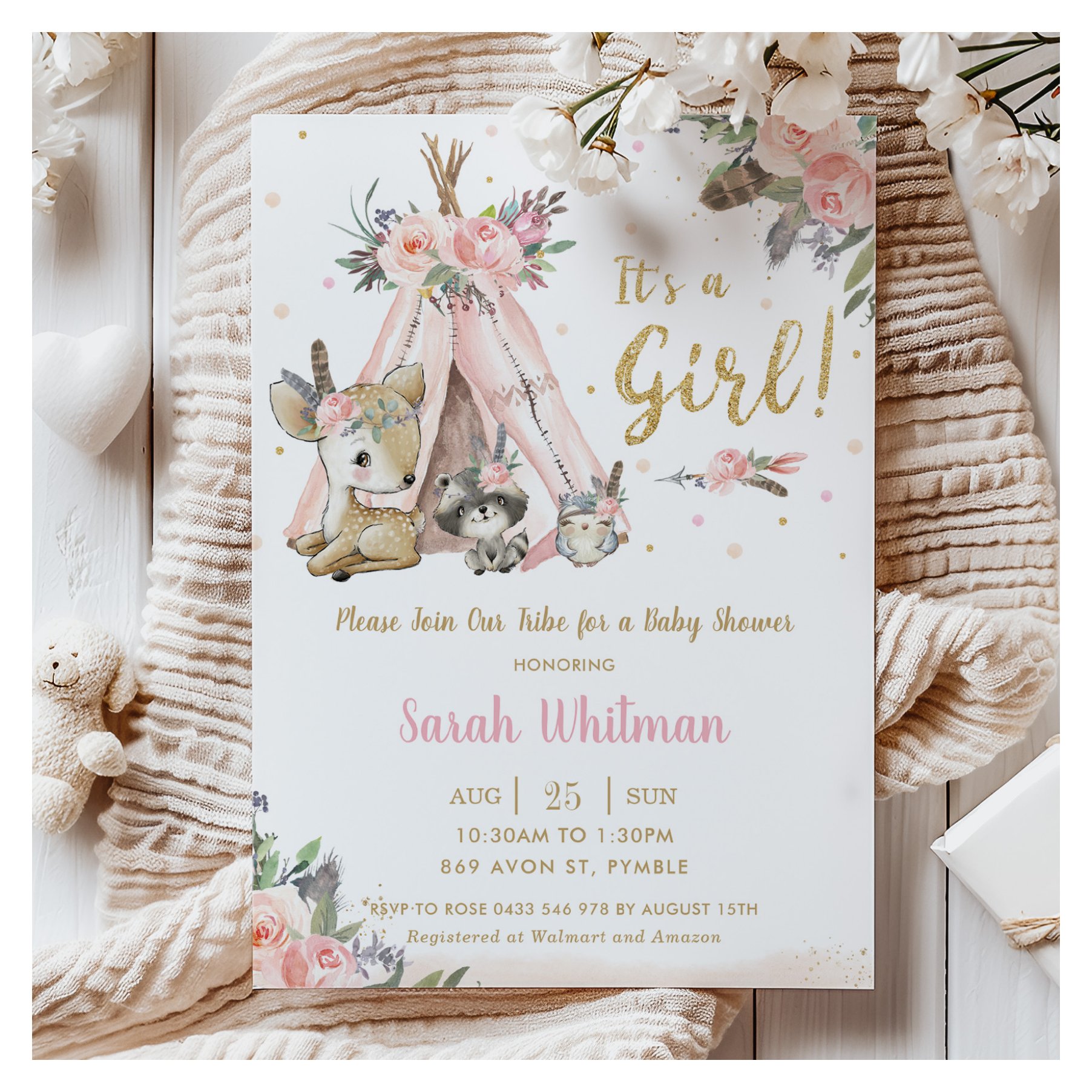 Chic Woodland Animals Boho Tribal Girl Baby Shower Invitation