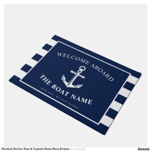 Nautical Anchor Boat & Captain Name Navy Stripes Doormat