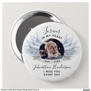 Forever In My Heart Angel Wings Photo Funeral Button