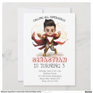 Shazam superhero watercolor kdis birthday invite