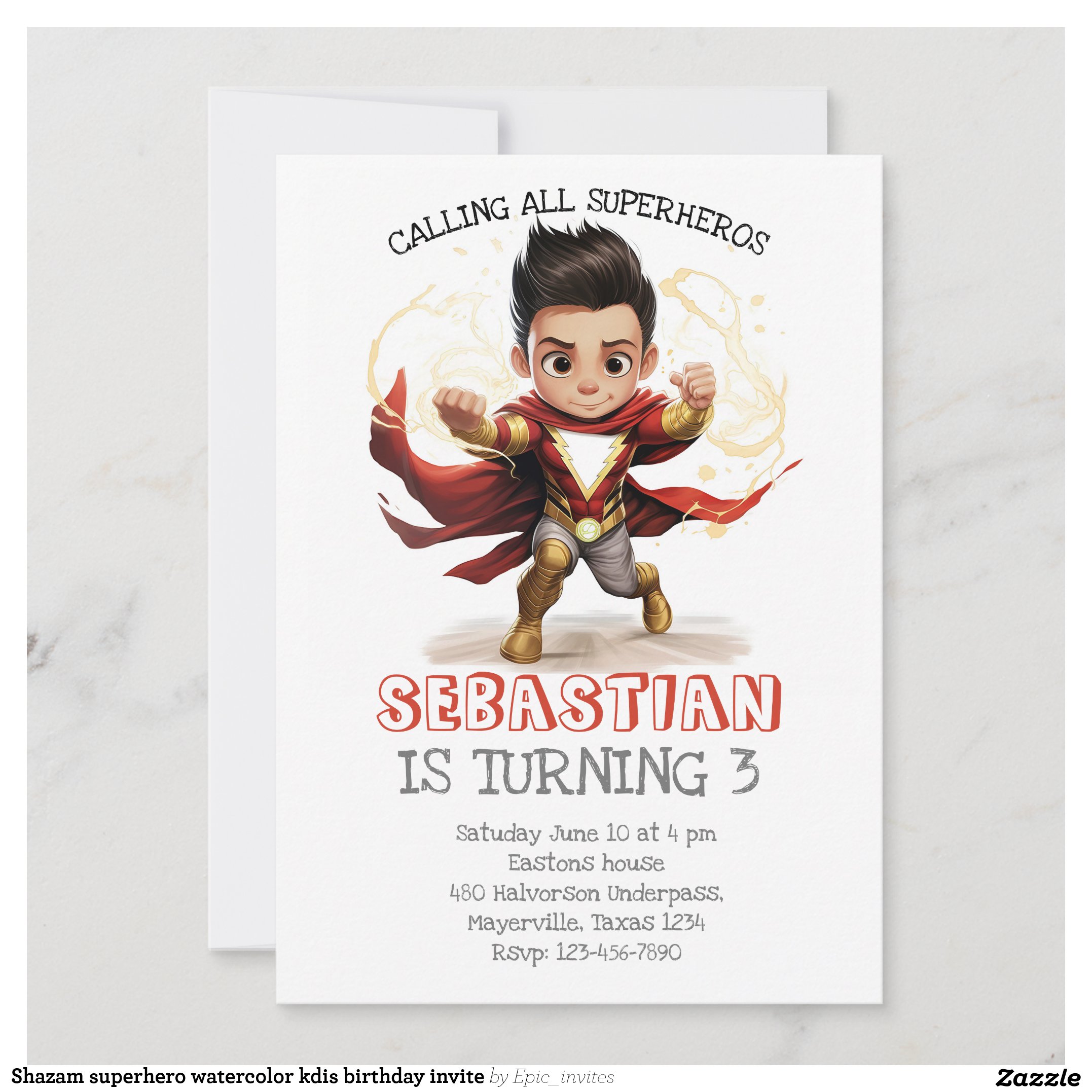 Shazam superhero watercolor kdis birthday invite