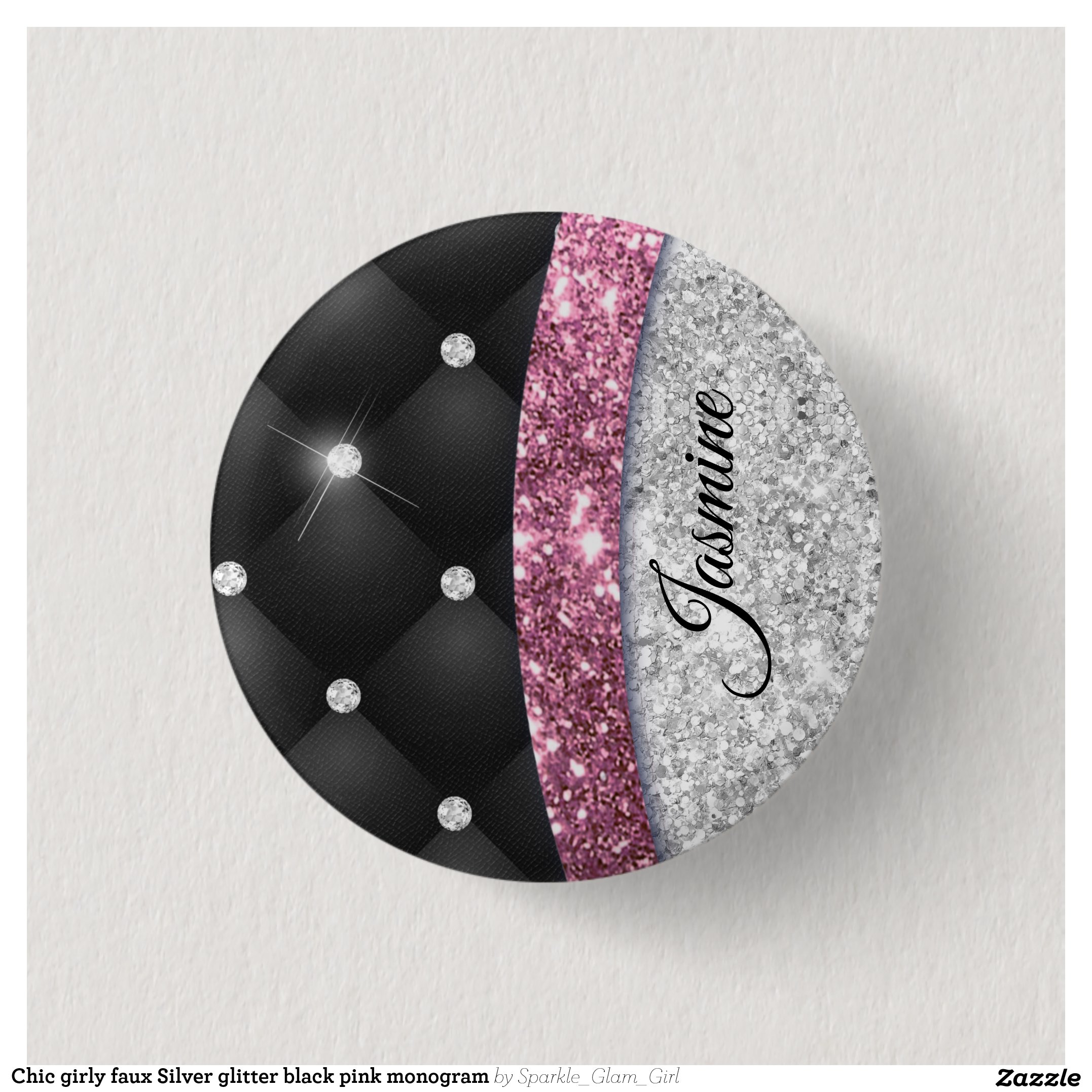 Chic girly faux Silver glitter black pink monogram Button