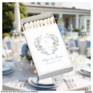 Romantic Soft Blue Monogram Crest Wedding Matchboxes