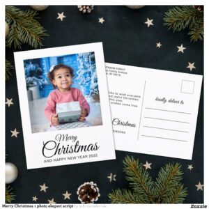 Merry Christmas 1 photo elegant script Holiday Postcard