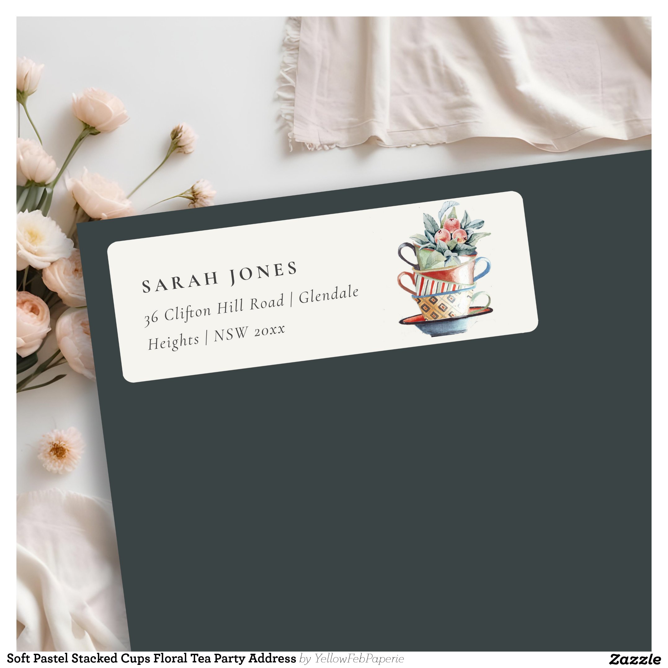 Soft Pastel Stacked Cups Floral Tea Party Address Label