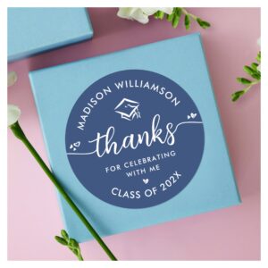 Blue Graduation Modern Thank You Script Hearts Cap Classic Round Sticker