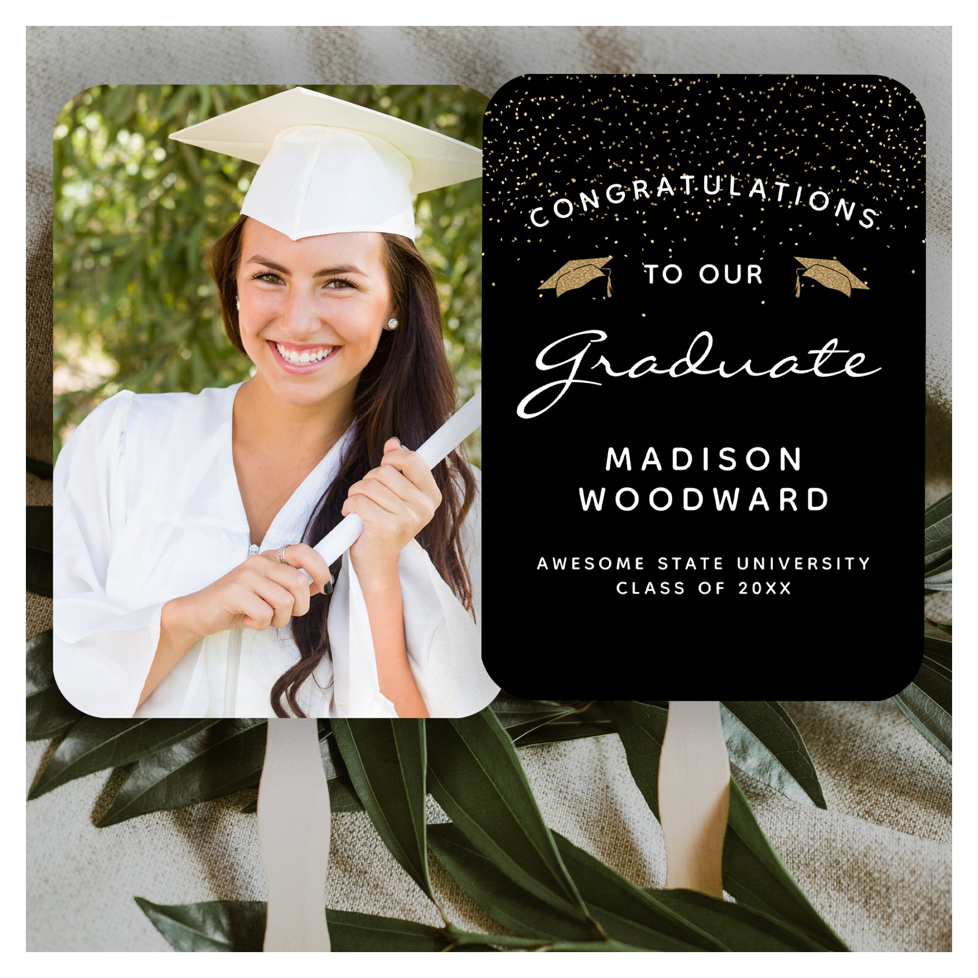 Custom Photo Black White Gold Graduation Hand Fan