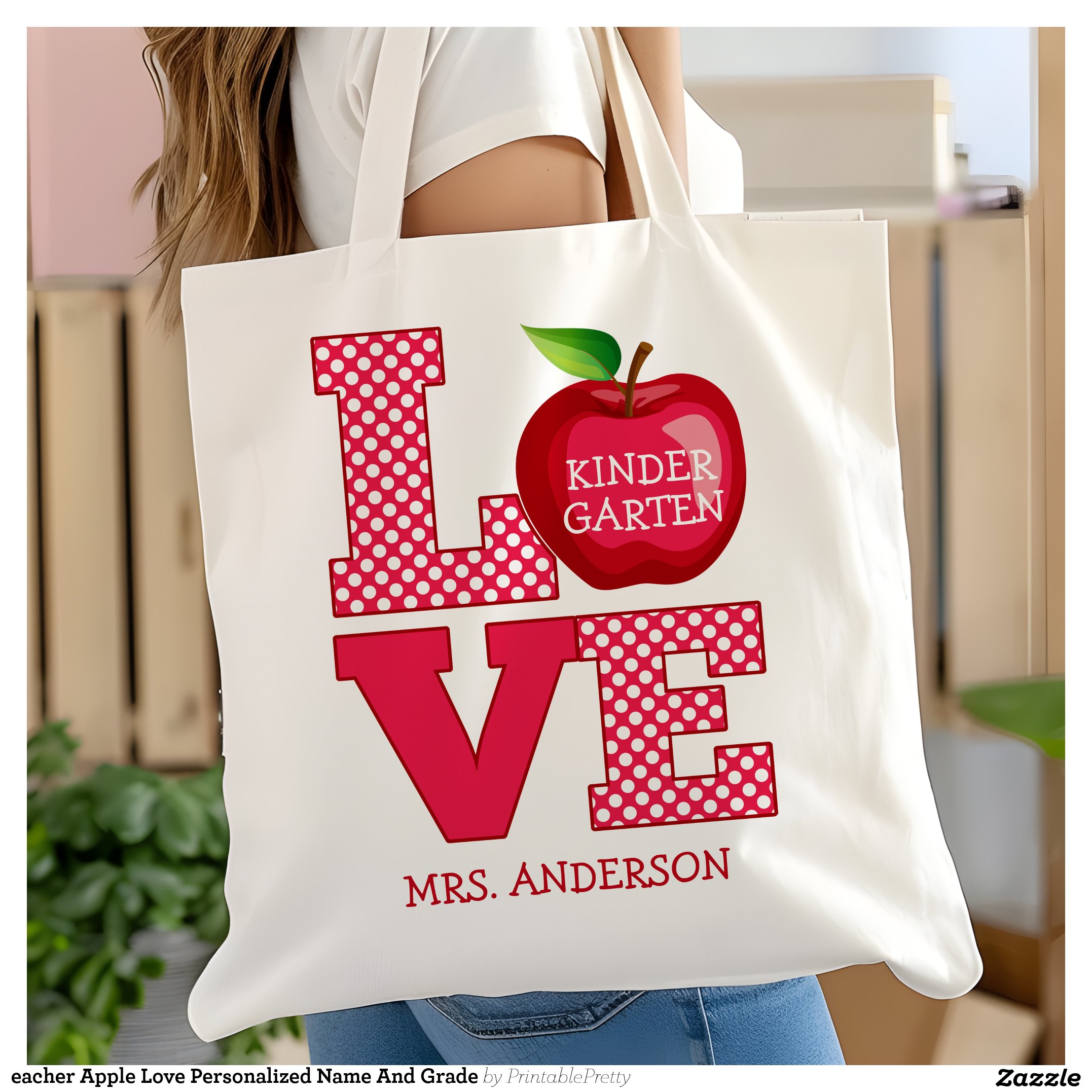 Teacher Apple Love Personalized Name And Grade Tote Bag