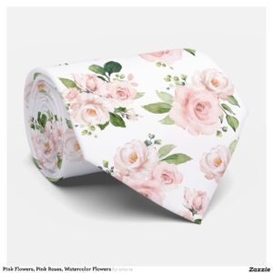 Pink Flowers, Pink Roses, Watercolor Flowers Neck Tie